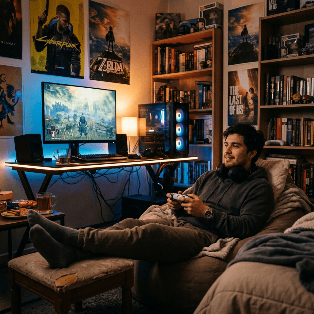 Young man playing video games in a cozy room with gaming posters and a desktop setup.