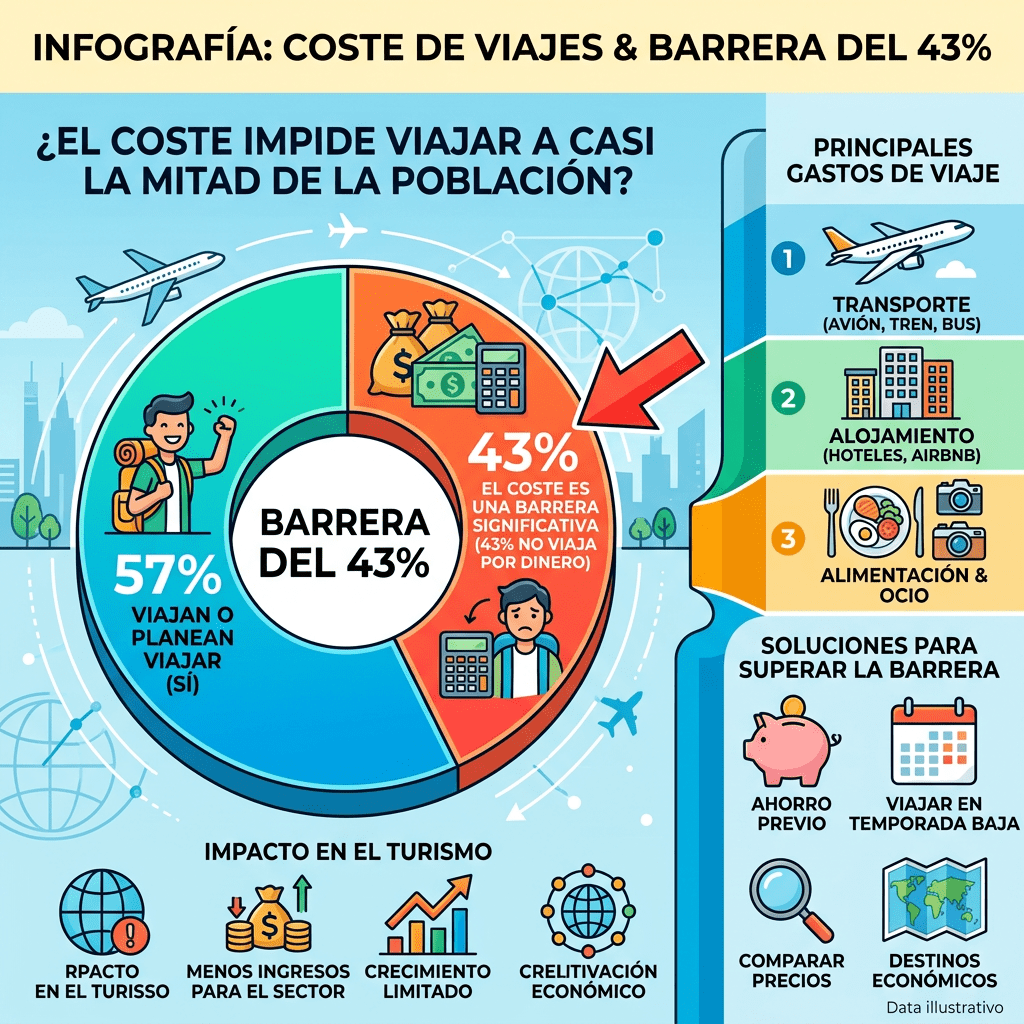 Pie chart showing 43% of people cannot travel due to costs and 57% travel or plan to travel, with travel expense categories and solutions