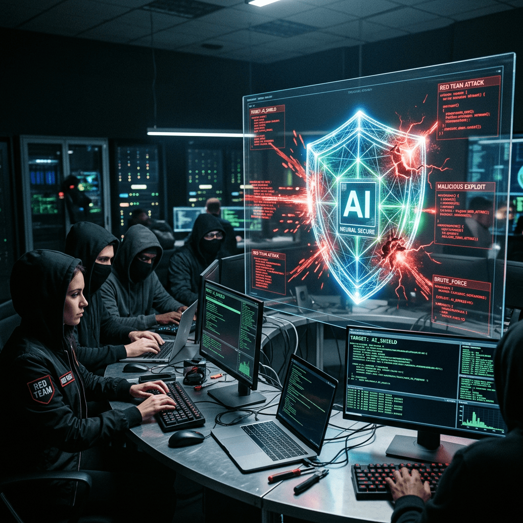 Team of cybersecurity experts in hoodies working on computers with AI shield defense interface