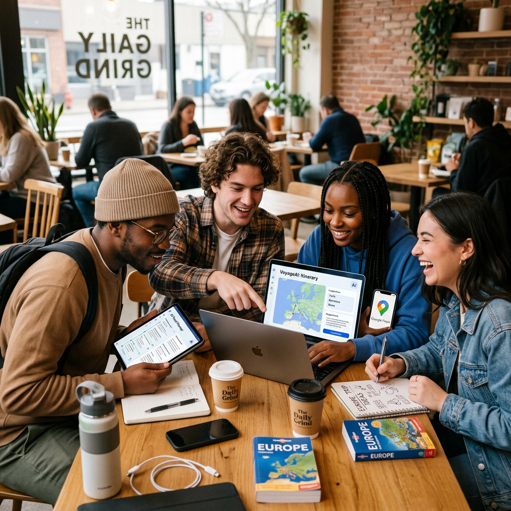 Group of four friends planning a Europe trip with laptop, tablet, and guidebooks in cafe