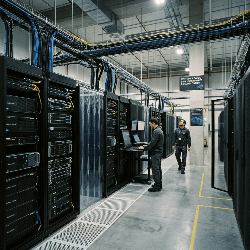 Two technicians working on server racks in a data center