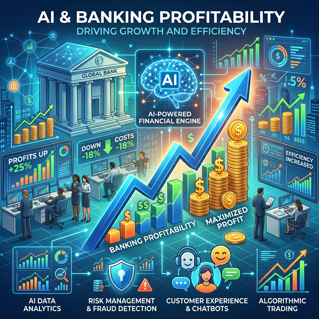 AI-powered banking profitability with data analytics, fraud detection, chatbots, and trading
