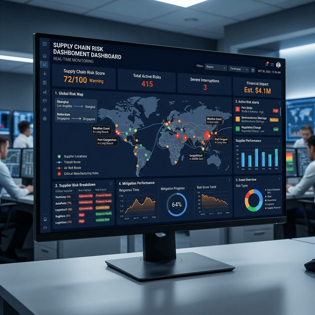 Supply chain risk dashboard showing risk score, active risks, interruptions, financial impact, global risk map, supplier risks, mitigation progress, and event overview