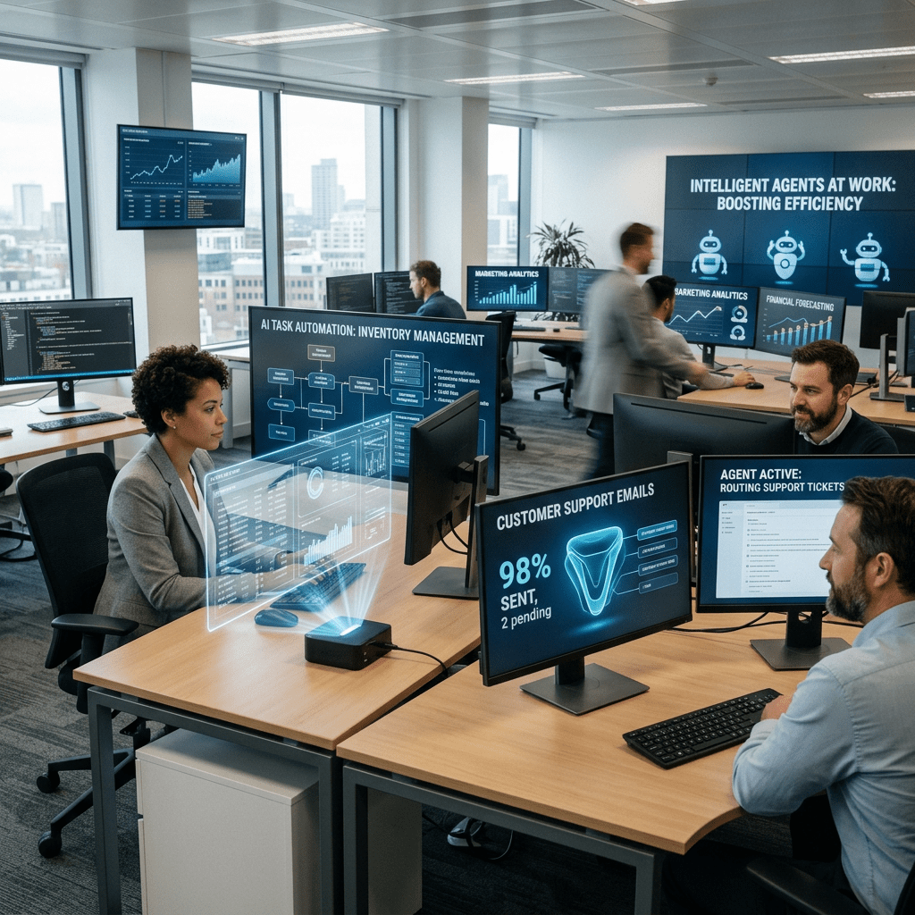 Office environment with professionals using AI-powered dashboard screens showing inventory, marketing analytics, and support ticket management