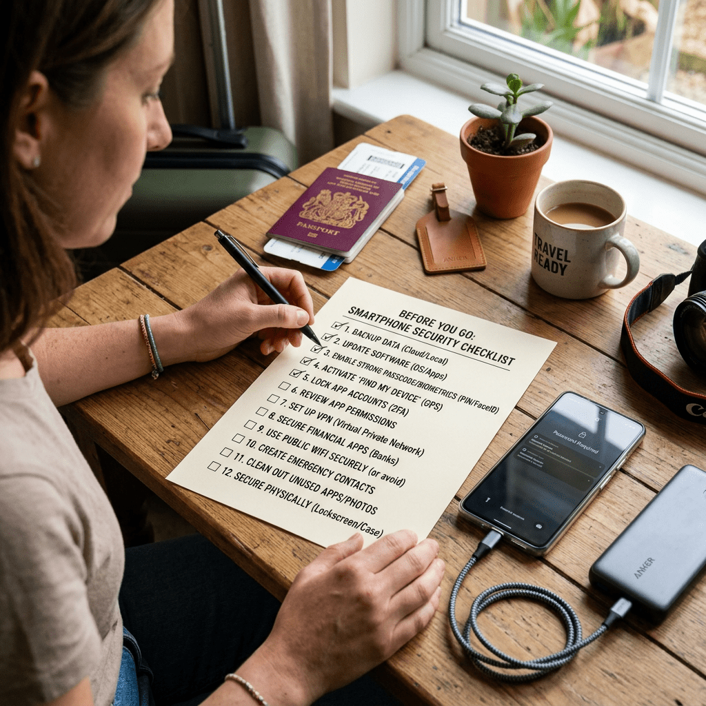 Person marking checkboxes on a smartphone security checklist with passport, boarding pass, phone, and coffee on desk