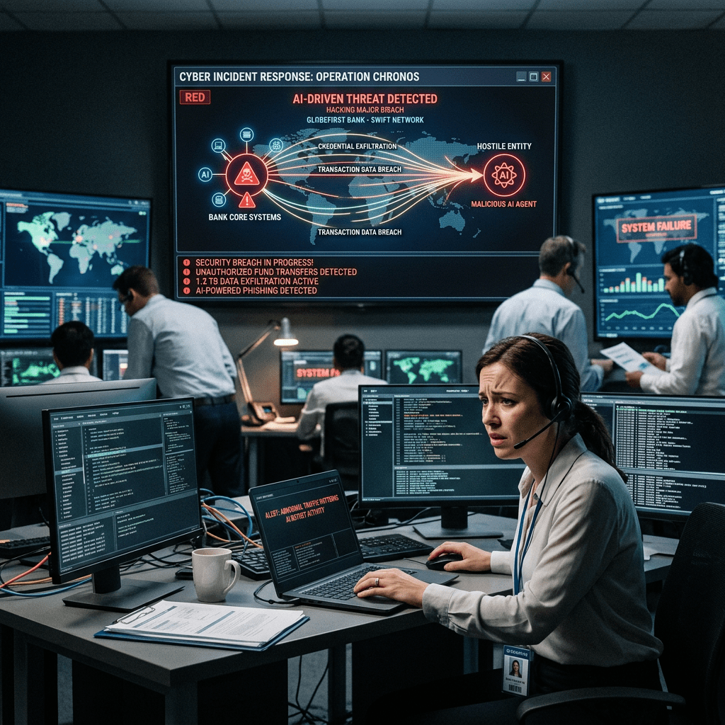 Cybersecurity team analyzing AI-driven threat detected on multiple monitors in control room