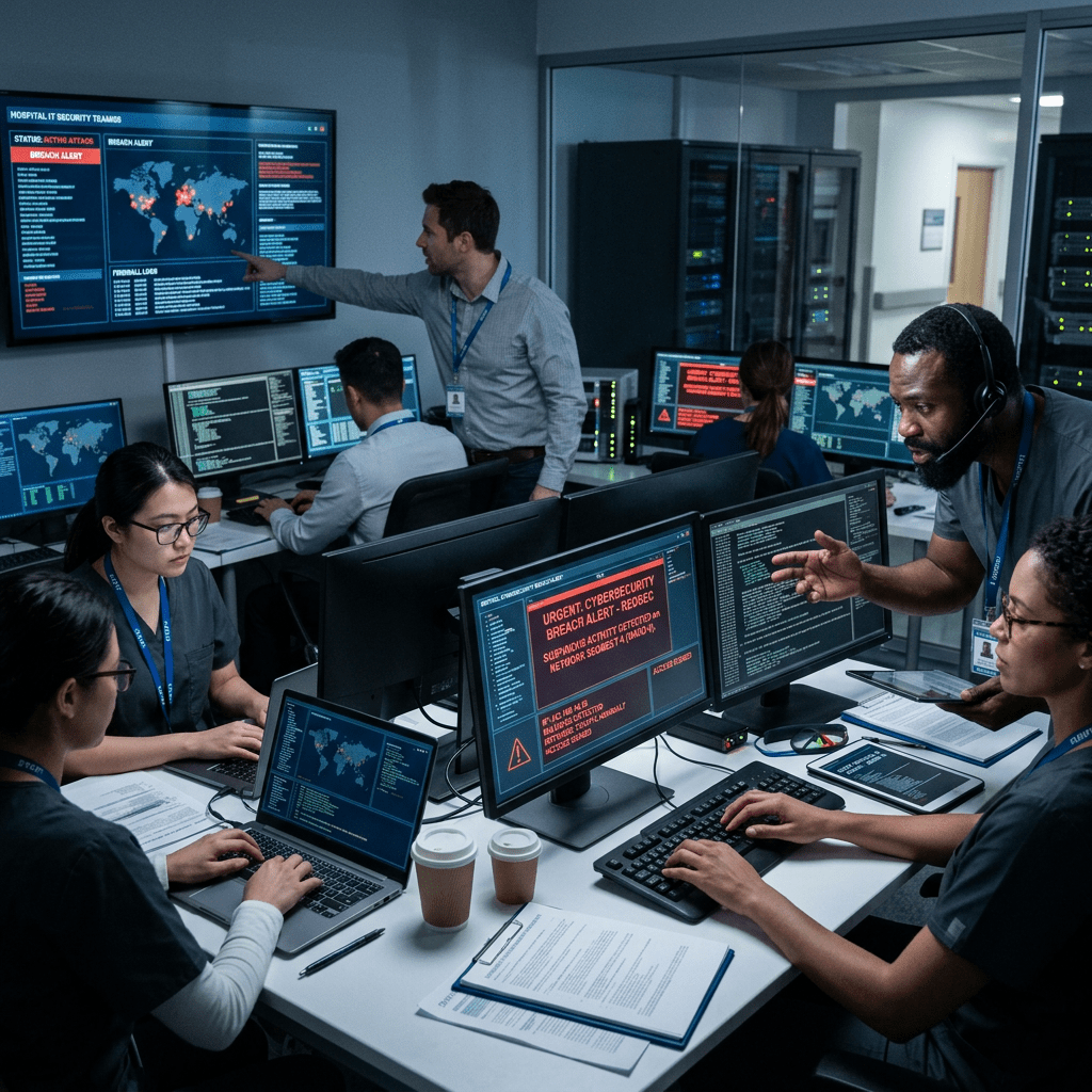 Hospital IT security team working on computers displaying cybersecurity breach alerts and global threat maps
