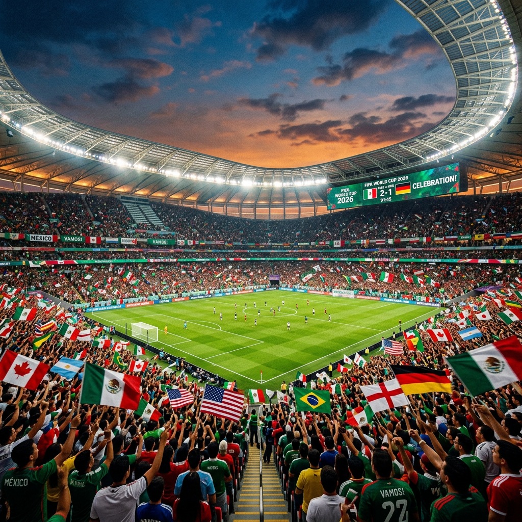 Crowded stadium with fans waving multiple country flags during 2026 FIFA World Cup match