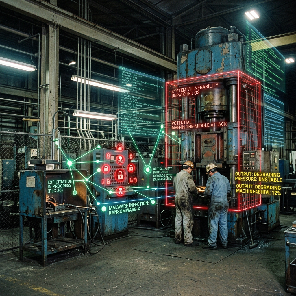 Industrial machines and workers highlighted with digital overlays indicating cyberattack risks, malware infections, and system vulnerabilities