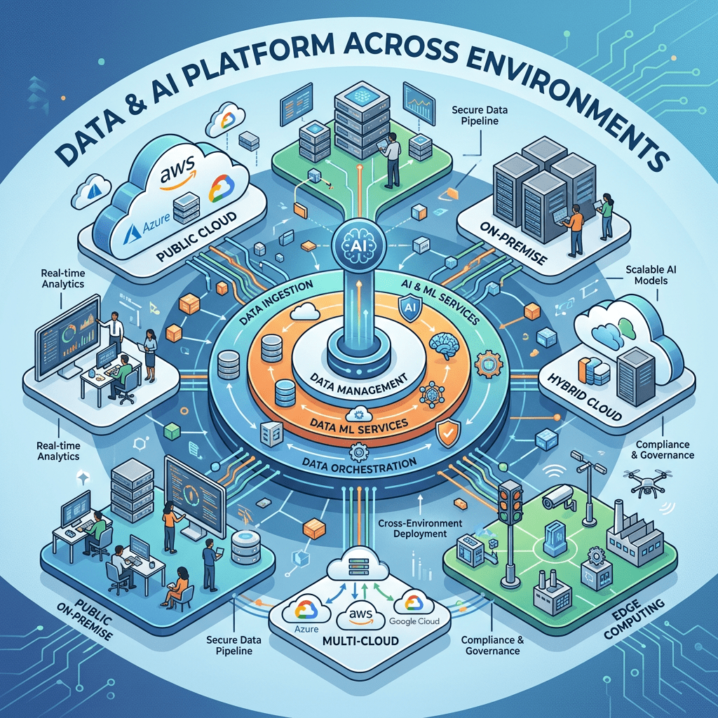 Diagram of a data and AI platform integrating public cloud, on-premise, hybrid cloud, multi-cloud, and edge computing environments with secure data pipelines and AI services