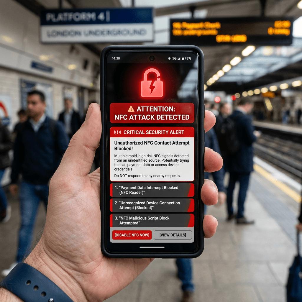 Smartphone screen showing NFC attack detected alert with security warnings and options