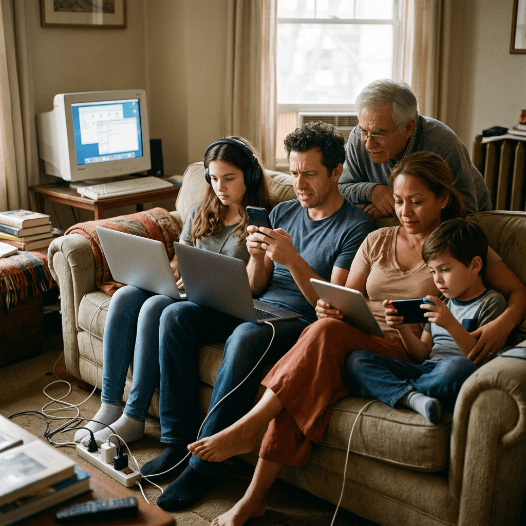 Family of five on couch using laptops, smartphone, tablet, and handheld gaming device