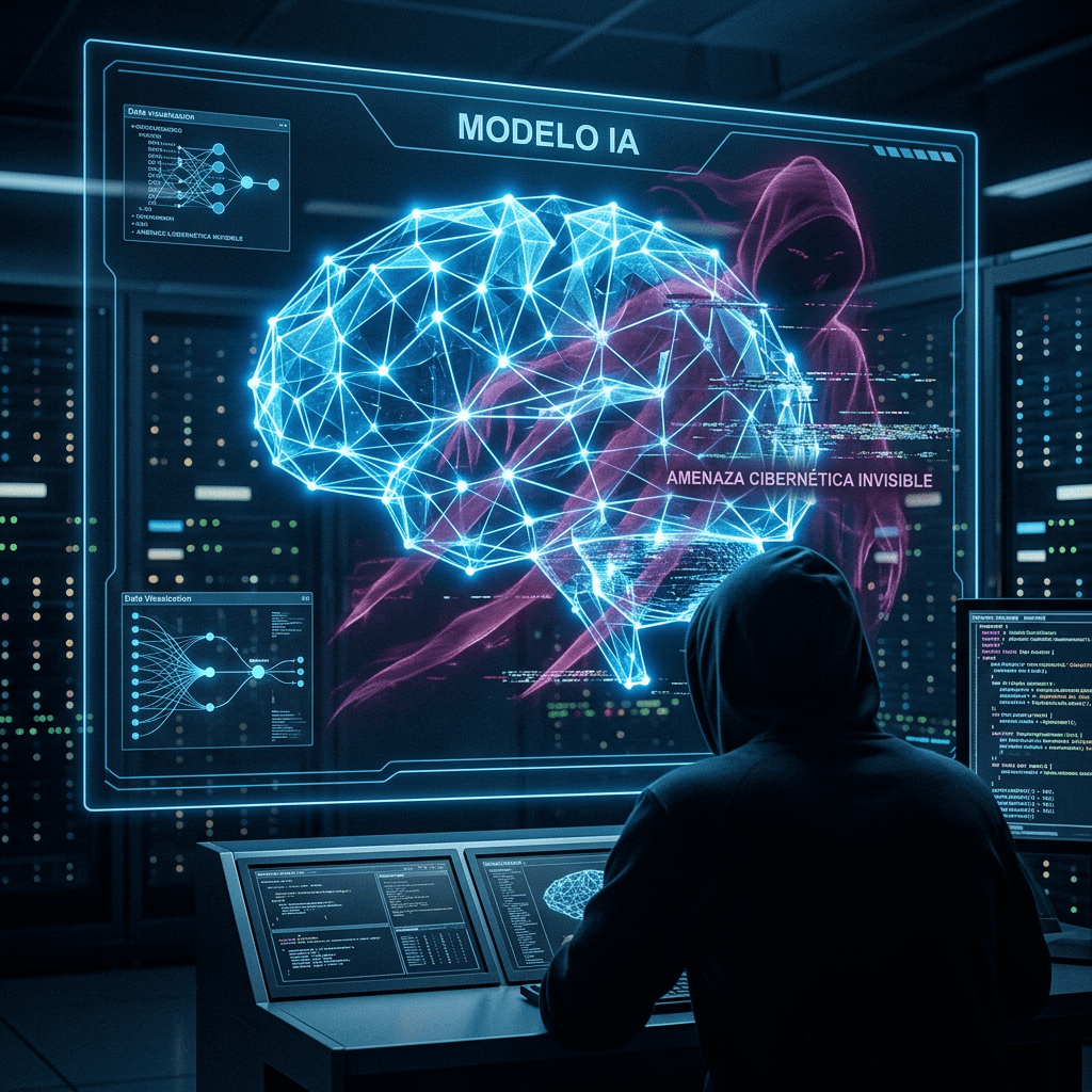 Hooded person sitting at a computer desk with holographic AI brain model and cyber threat visuals