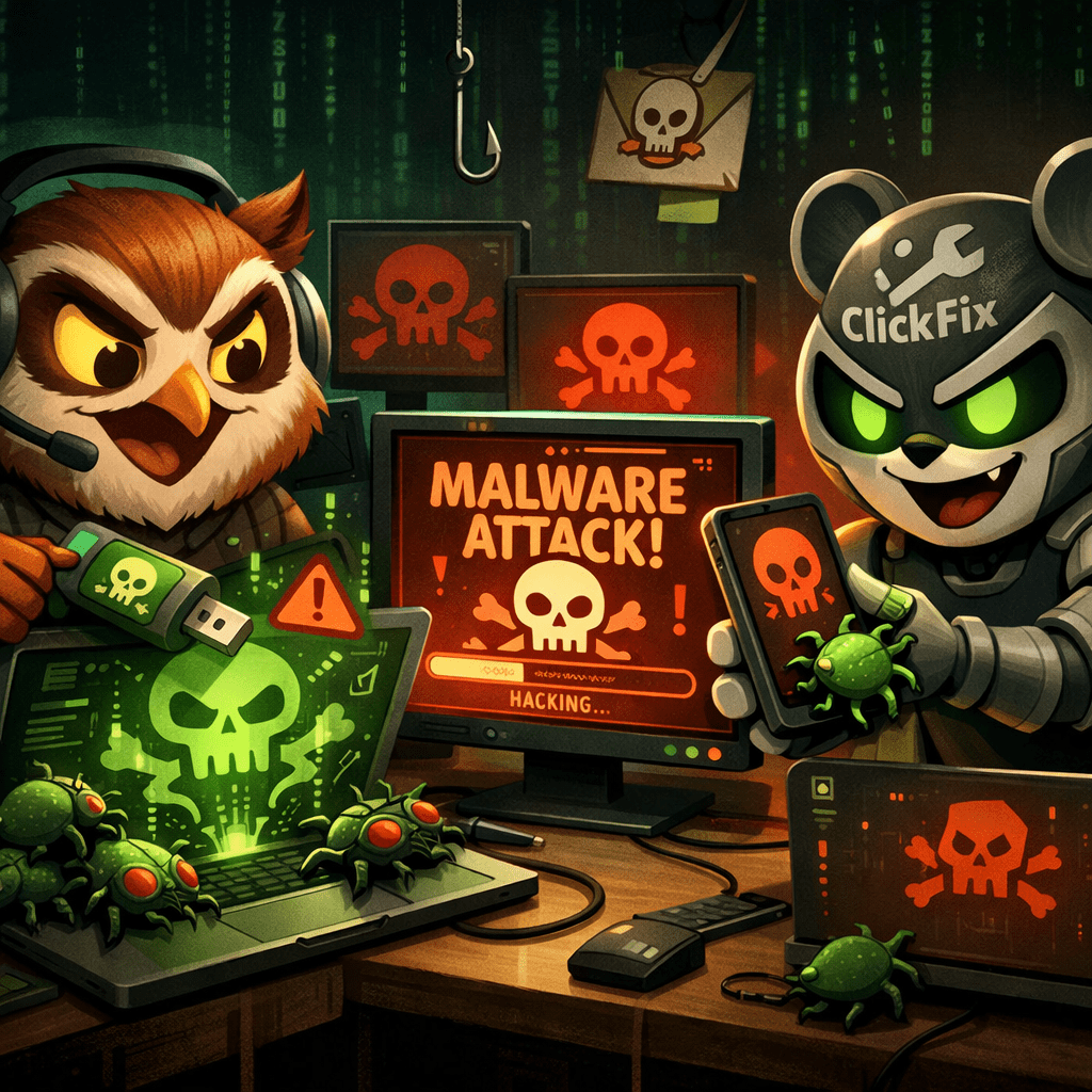 Cartoon owl and bear hacking with malware warnings and virus bugs on screens and devices