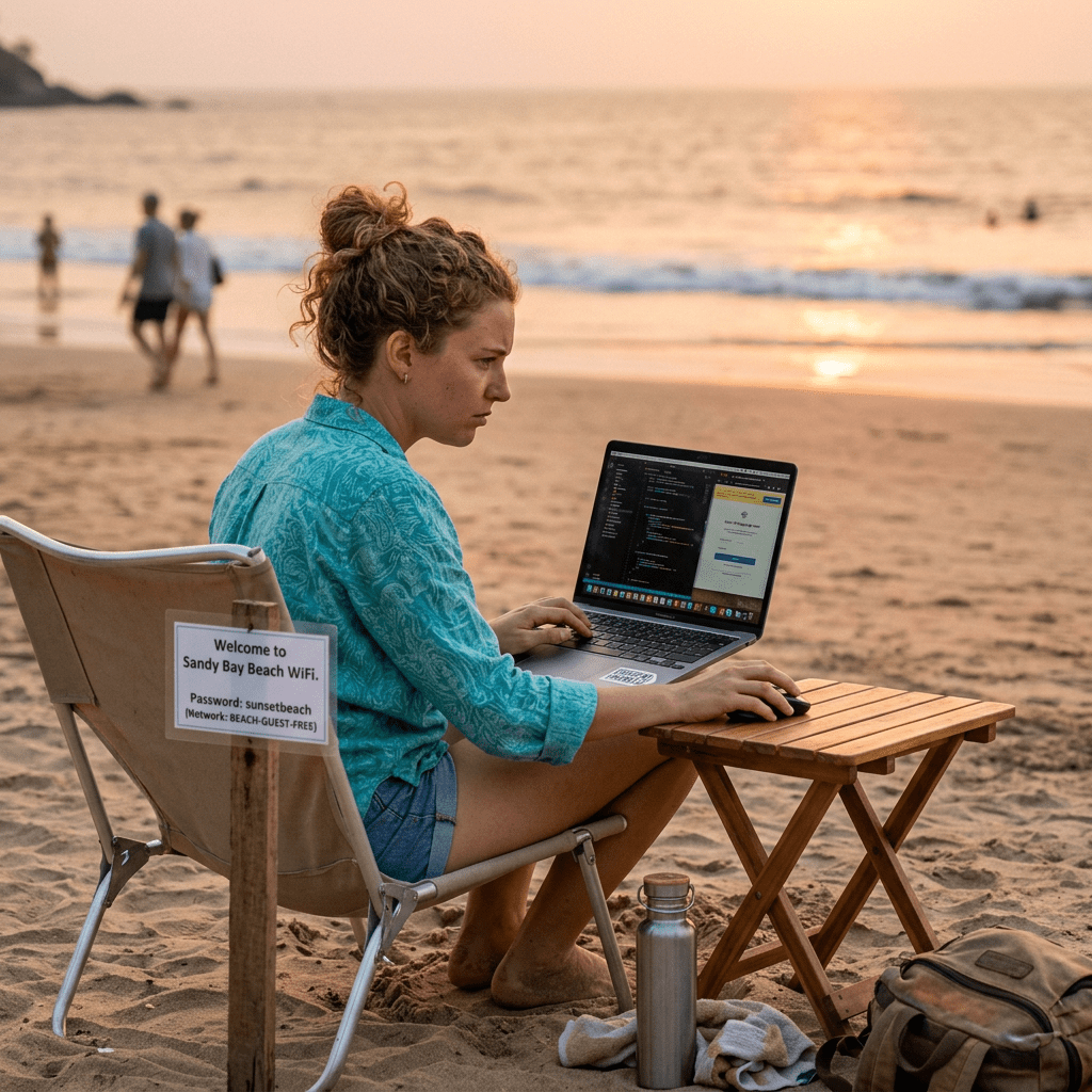 Woman using laptop on a beach chair with a sign showing WiFi login info
