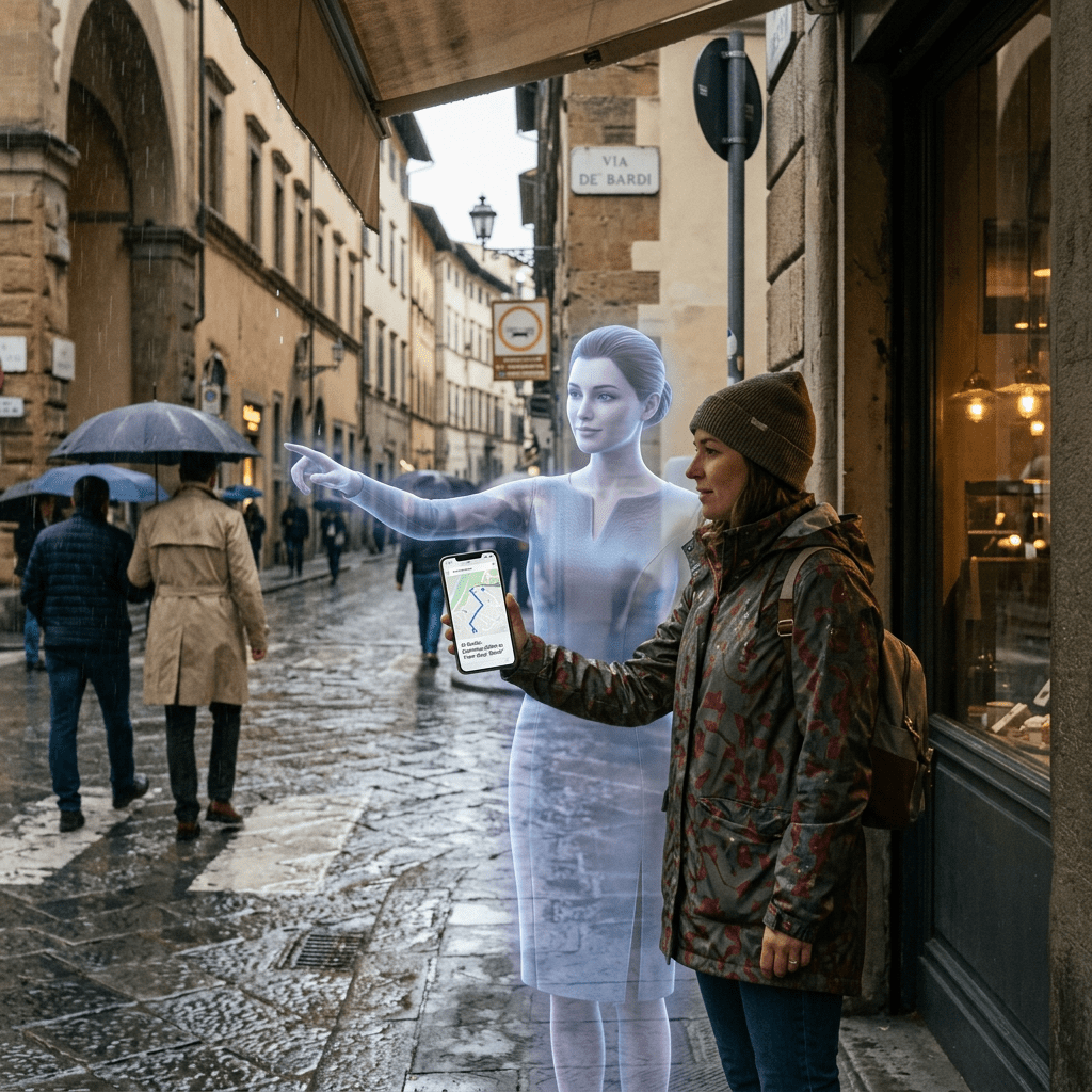 Woman holding smartphone showing map with holographic female guide pointing direction on rainy street