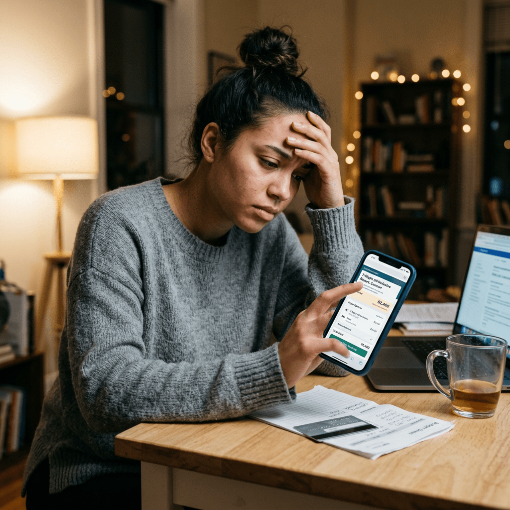 Woman sitting at table looking stressed while checking bills on smartphone
