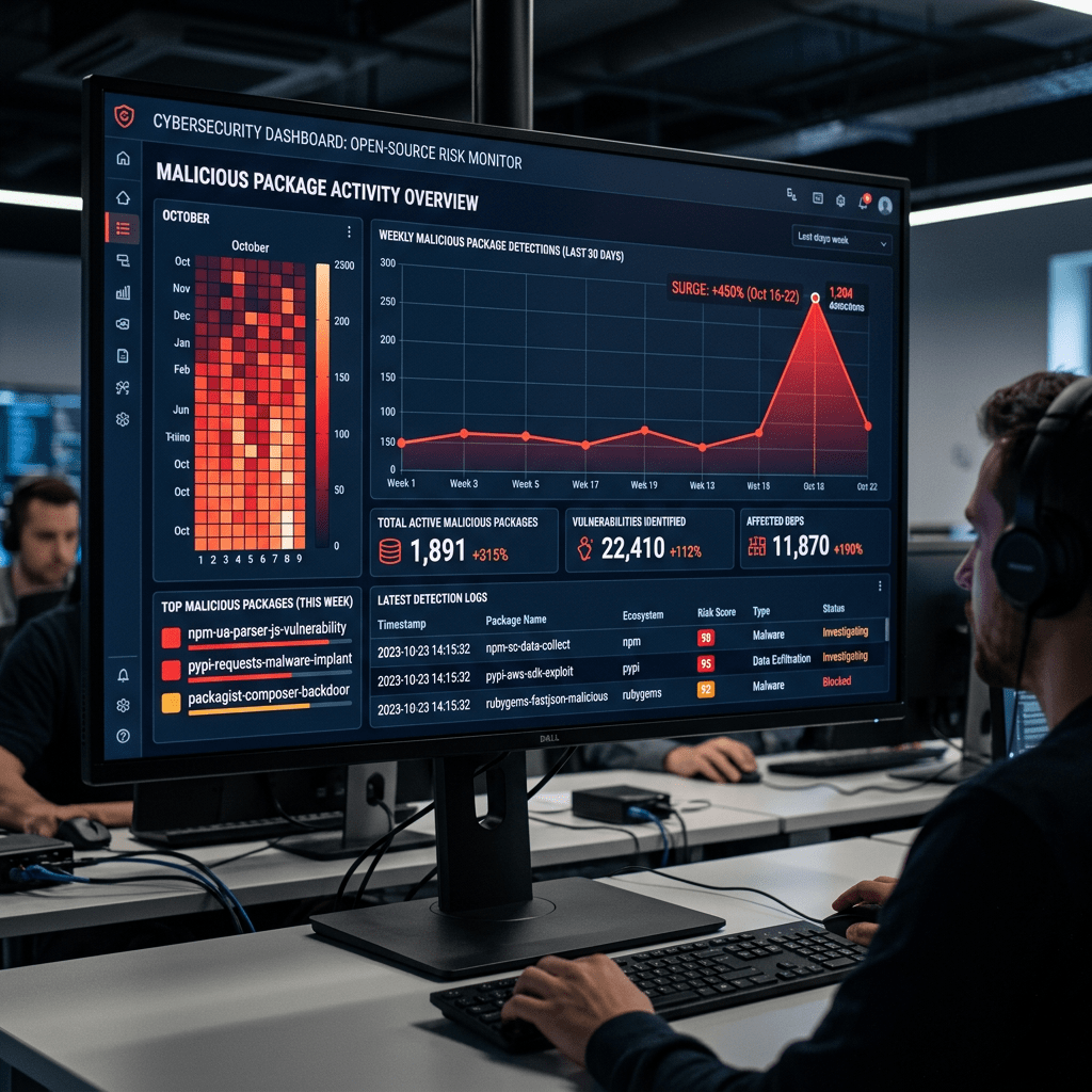 Cybersecurity dashboard displaying malicious package activity overview and detection logs