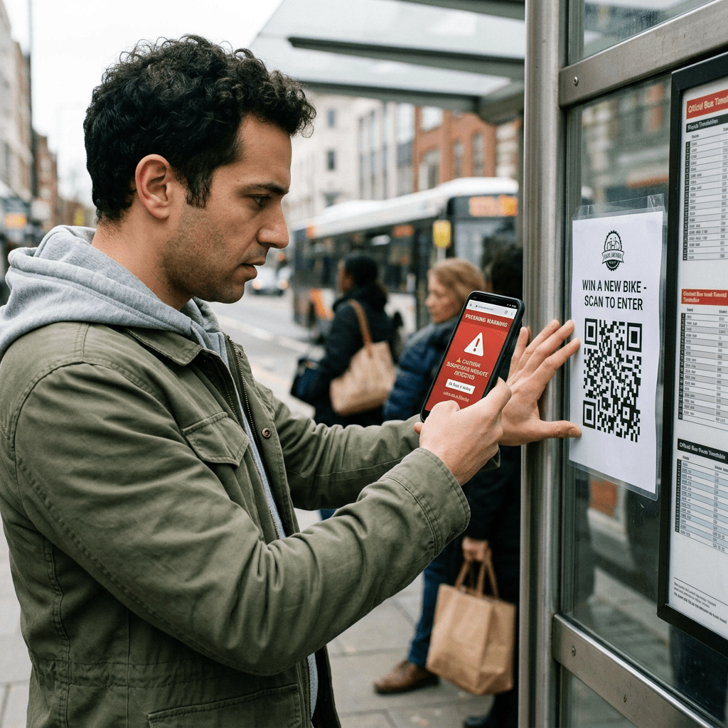 Man scanning QR code on poster at bus stop