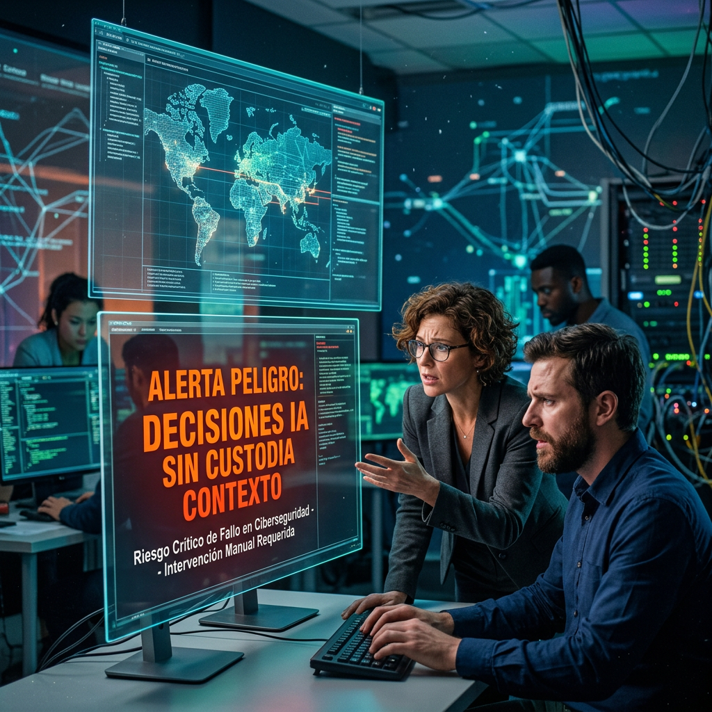 Digital alert showing AI decision risk with cybersecurity context, two professionals discussing