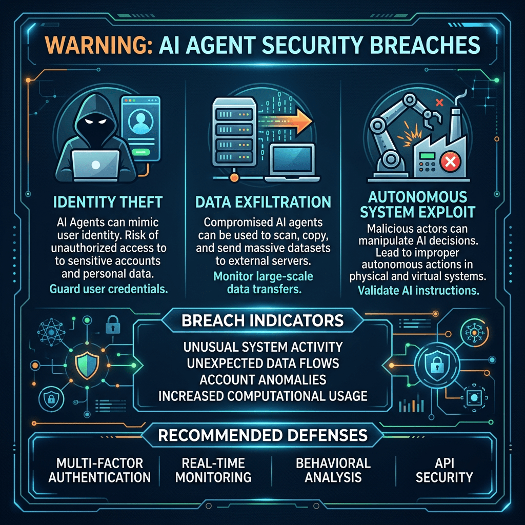 Warning about AI agent security breaches including identity theft, data exfiltration, and autonomous system exploits with breach indicators and defense recommendations.