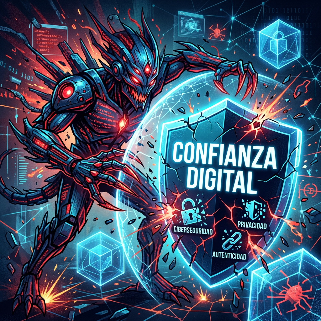 A menacing robotic figure attacking a glowing shield with the words 'Confianza Digital' and icons for cybersecurity, privacy, and authenticity.