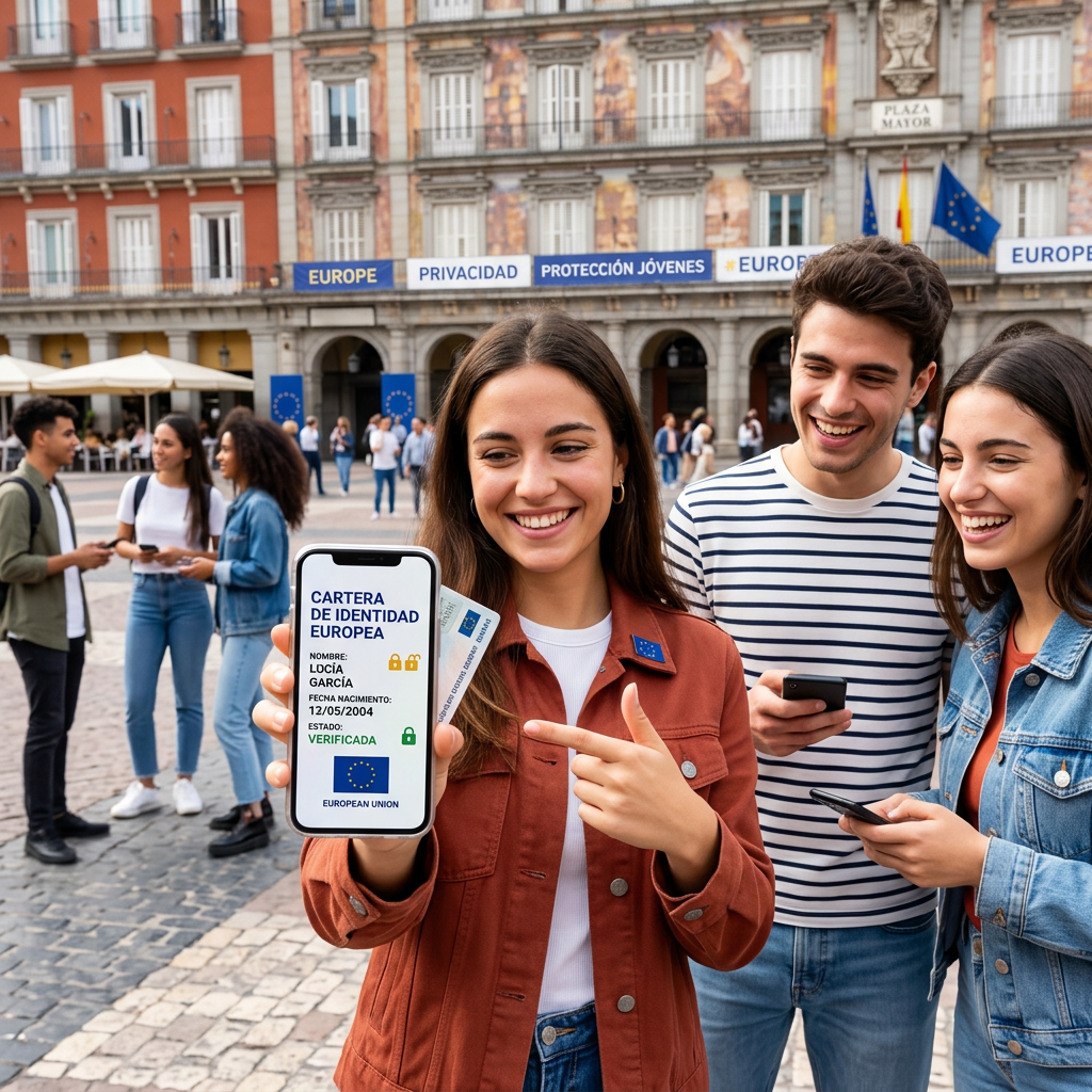 Smartphone displaying a verified European digital identity card with personal details and EU logo