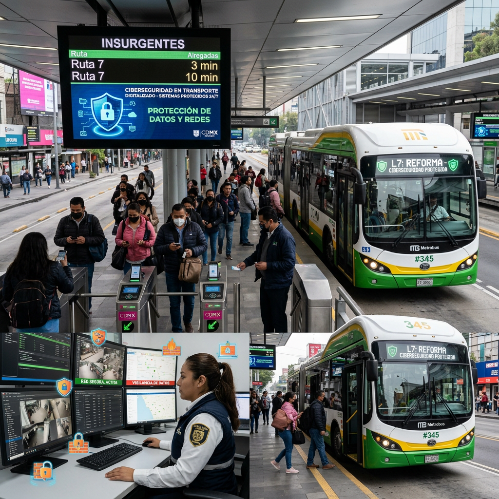 Collage of Mexico City Metrobus, security monitors, and transit passengers