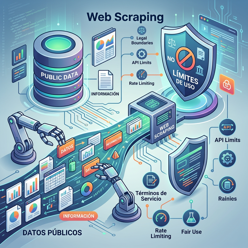 Web Scraping diagram showing public data, legal boundaries, API limits, rate limiting, and fair use