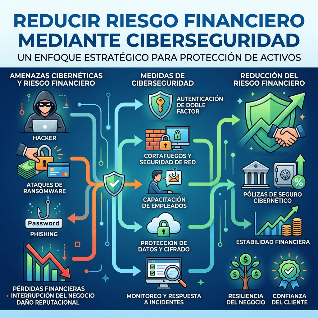 Reducir riesgo financiero mediante ciberseguridad; un enfoque estratégico para protección de activos. Amenazas cibernéticas y riesgo financiero: hacker, ataques de ransomware, phishing, pérdidas financieras, interrupción del negocio y daño reputacional. Medidas de ciberseguridad: autenticación de doble factor, cortafuegos y seguridad de red, capacitación de empleados, protección de datos y cifrado, monitoreo y respuesta a incidentes. Reducción del riesgo financiero: pólizas de seguro cibernético, estabilidad financiera, resiliencia del negocio y confianza del cliente.
