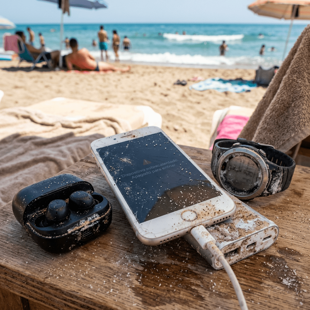 Sand-covered phone, earbuds, smartwatch, and charger on beach table
