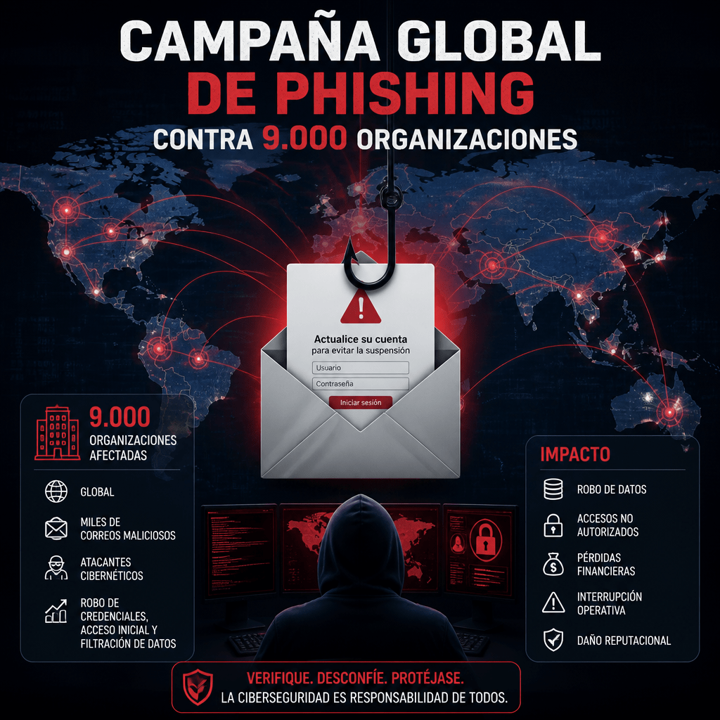 Texto: CAMPAÑA GLOBAL DE PHISHING; CONTRA 9.000 ORGANIZACIONES; Actualice su cuenta para evitar la suspensión; Usuario; Contraseña; Iniciar sesión; 9.000 ORGANIZACIONES AFECTADAS; GLOBAL; MILES DE CORREOS MALICIOSOS; ATACANTES CIBERNÉTICOS; ROBO DE CREDENCIALES, ACCESO INICIAL Y FILTRACIÓN DE DATOS; IMPACTO; ROBO DE DATOS; ACCESOS NO AUTORIZADOS; PÉRDIDAS FINANCIERAS; INTERRUPCIÓN OPERATIVA; DAÑO REPUTACIONAL; VERIFIQUE. DESCONFÍE. PROTÉJASE.; LA CIBERSEGURIDAD ES RESPONSABILIDAD DE TODOS.