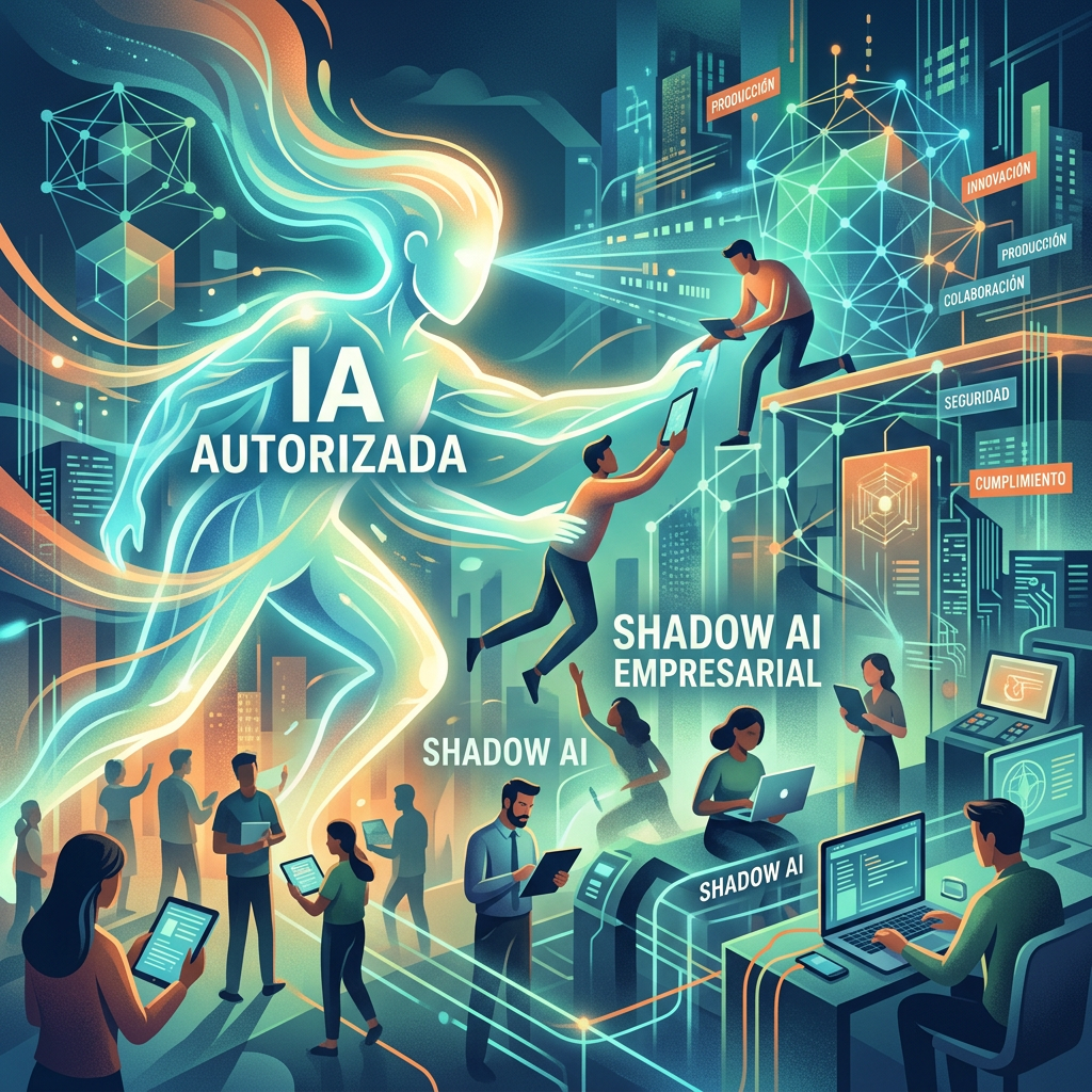 Ilustración con texto: IA AUTORIZADA; SHADOW AI EMPRESARIAL; SHADOW AI; PRODUCCIÓN; INNOVACIÓN; COLABORACIÓN; SEGURIDAD; CUMPLIMIENTO.