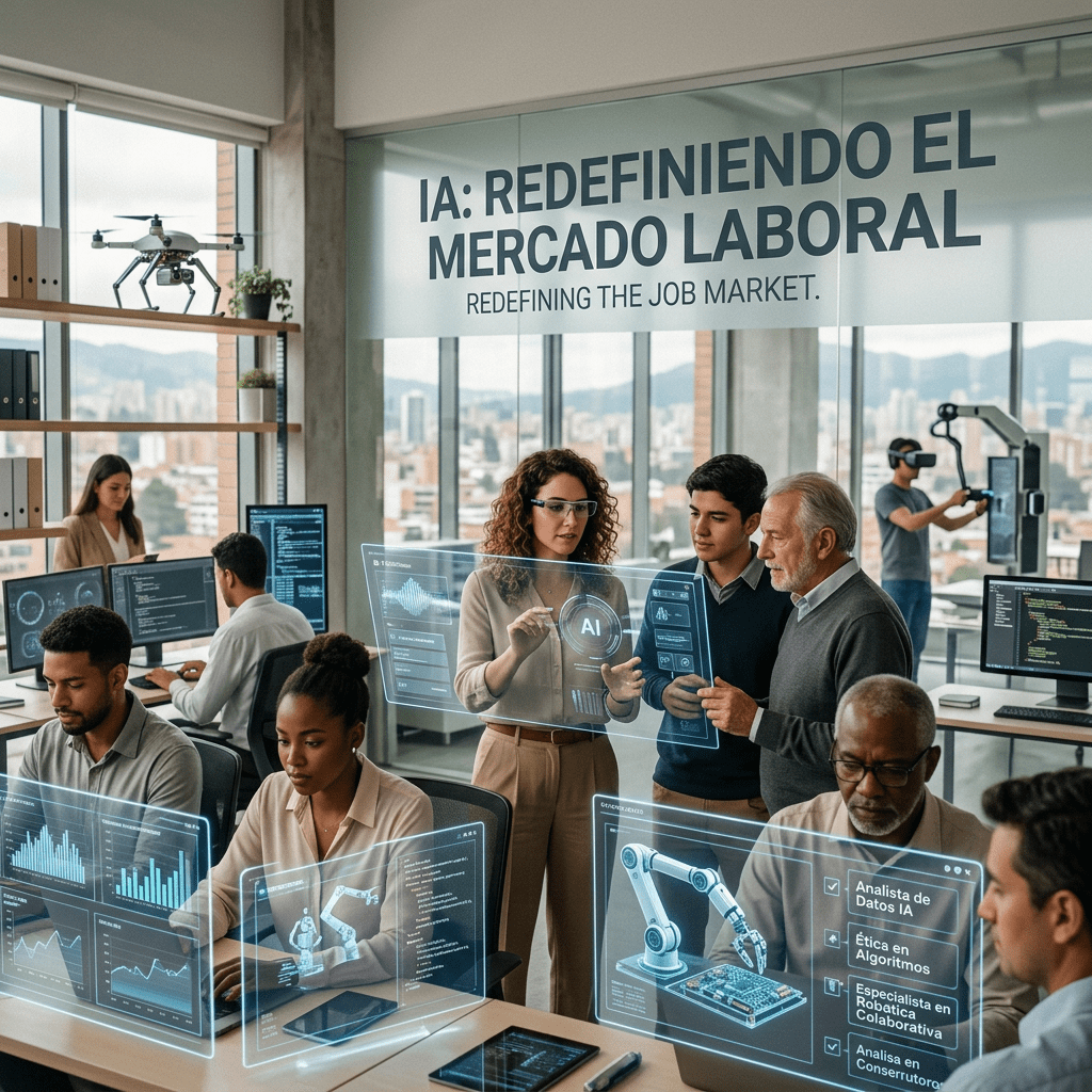 Office scene with text “IA: REDEFINIENDO EL MERCADO LABORAL” and “REDEFINING THE JOB MARKET.”