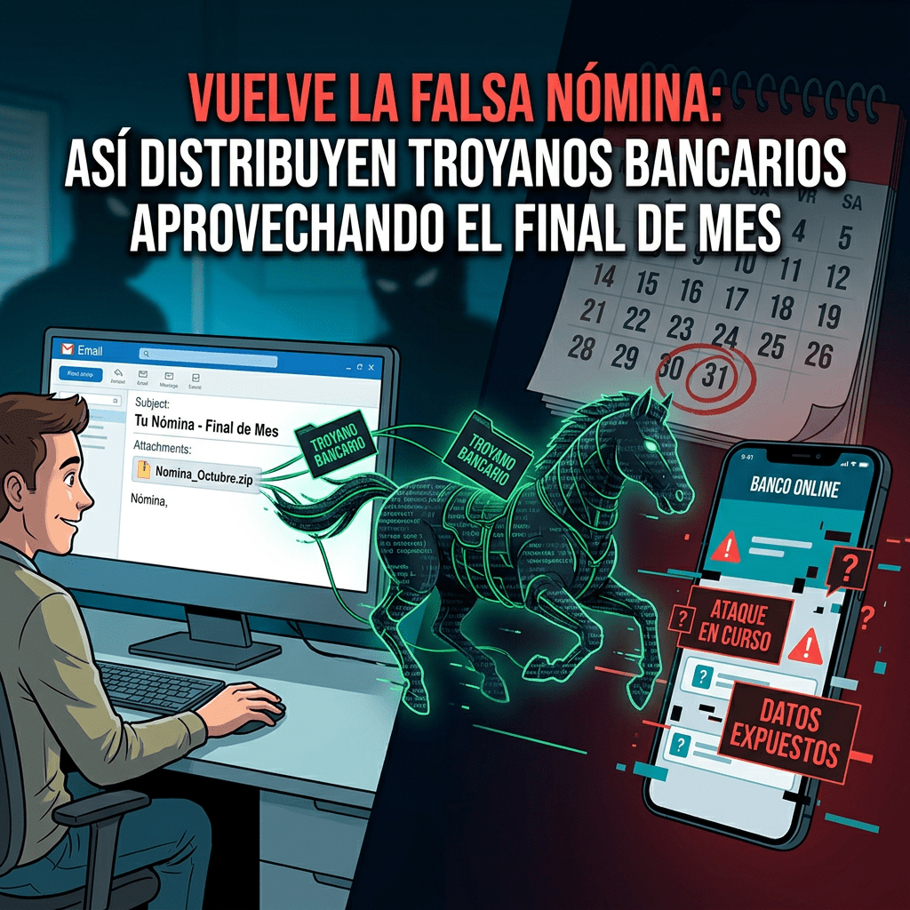 Vuelve la falsa nómina: así distribuyen troyanos bancarios aprovechando el final de mes; correo Tu Nómina - Final de Mes, archivo Nomina_Octubre.zip, calendario con 30 y 31 marcados, teléfono Banco Online con Ataque en curso y Datos expuestos.