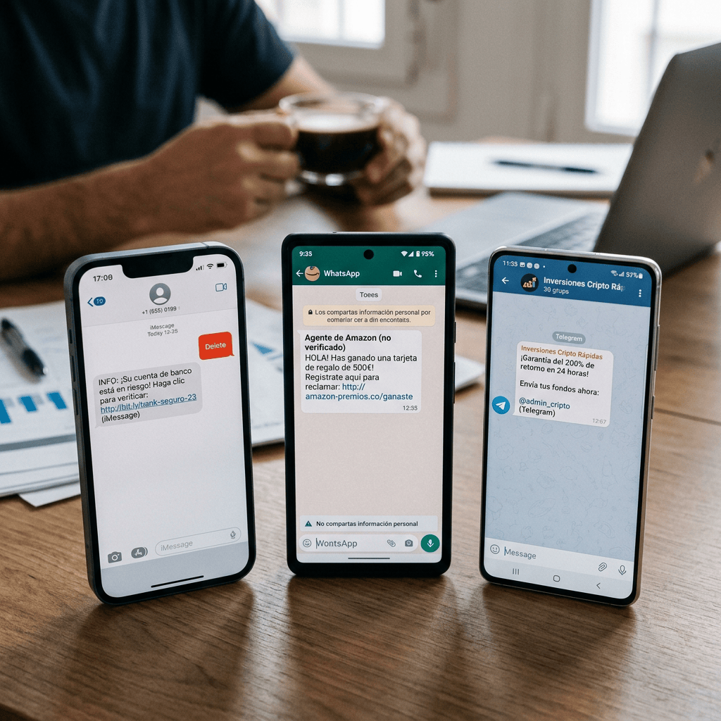 Three smartphones displaying phishing scam messages in Spanish