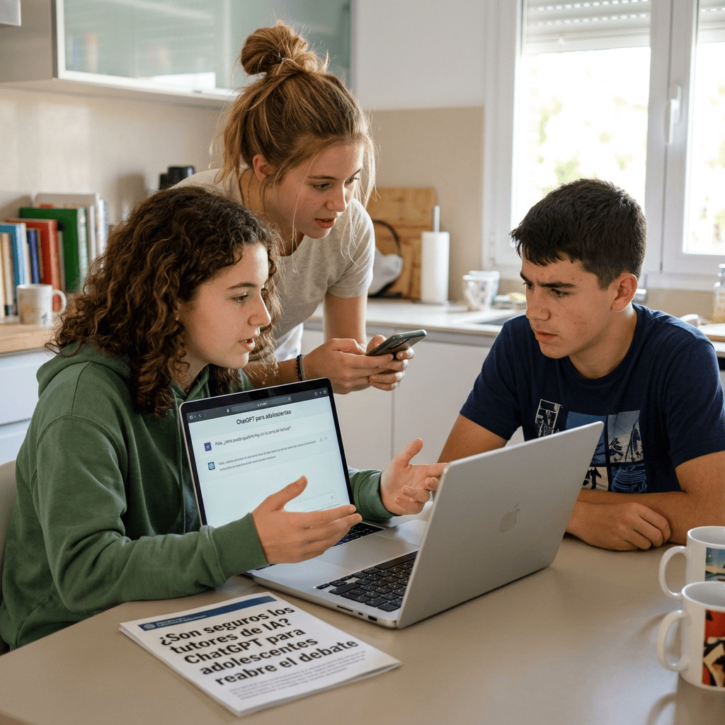 Tres jóvenes revisan ChatGPT mientras un folleto pregunta sobre tutores IA seguros para adolescentes.