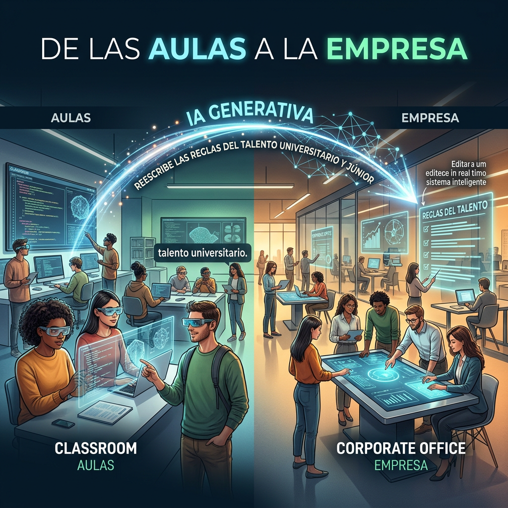 Infographic text: DE LAS AULAS A LA EMPRESA; IA GENERATIVA; AULAS; EMPRESA; RESCRIBE LAS REGLAS DEL TALENTO UNIVERSITARIO Y JUNIOR; talento universitario.; Editar a um edite em real time sistema inteligente; REGLAS DEL TALENTO; CLASSROOM; AULAS; CORPORATE OFFICE; EMPRESA.