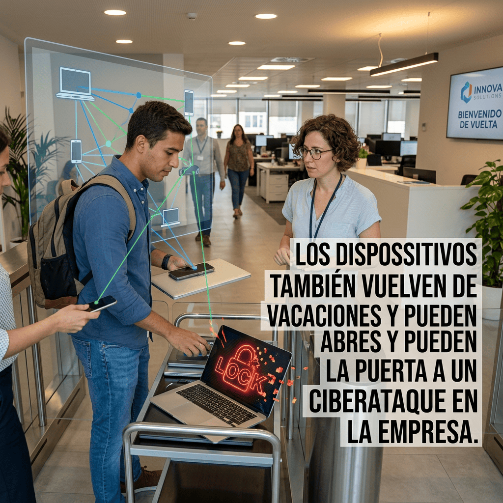 Empleado usa control de acceso junto a laptop bloqueada; texto: "LOS DISPOSITIVOS TAMBIÉN VUELVEN DE VACACIONES Y PUEDEN ABRIRSE Y PUEDEN LA PUERTA A UN CIBERATAQUE EN LA EMPRESA."; letrero: "INNOVA SOLUTIONS BIENVENIDO DE VUELTA"; pantalla: "LOCK".