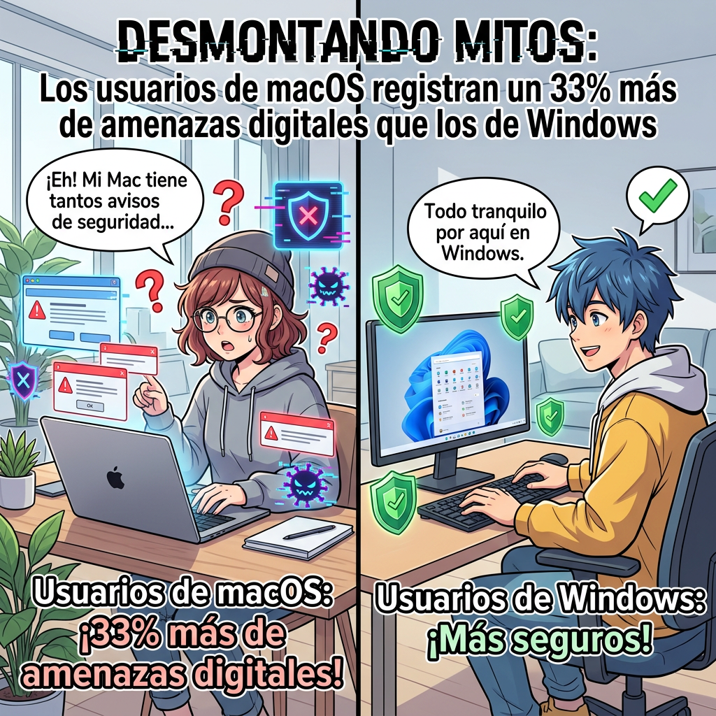 DESMONTANDO MITOS: Los usuarios de macOS registran un 33% más de amenazas digitales que los de Windows. ¡Eh! Mi Mac tiene tantos avisos de seguridad... Todo tranquilo por aquí en Windows. Usuarios de macOS: ¡33% más de amenazas digitales! Usuarios de Windows: ¡Más seguros!