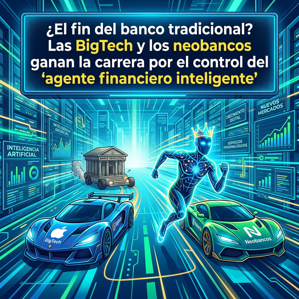 Texto: “¿El fin del banco tradicional? Las BigTech y los neobancos ganan la carrera por el control del ‘agente financiero inteligente’”. Un banco tradicional compite con autos de BigTech y Neobancos, junto a un corredor robótico coronado.