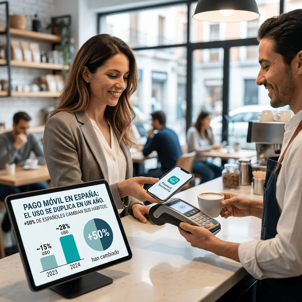 Café payment scene with tablet reading “PAGO MÓVIL EN ESPAÑA: EL USO SE DUPLICA EN UN AÑO. +50% DE ESPAÑOLES CAMBIAN SUS HÁBITOS. ~15% USO 2023, ~28% USO 2024, +50% han cambiado,” alongside a phone labeled “Pago móvil Sencillo” and a card terminal.