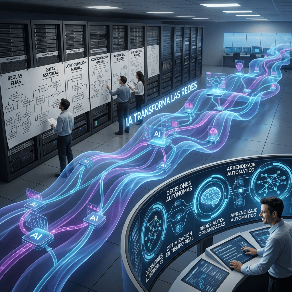 Data center with AI pathways and Spanish diagrams labeled IA TRANSFORMA LAS REDES