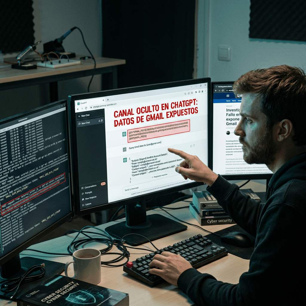 Analyst reviewing exposed Gmail data warning on multiple monitors