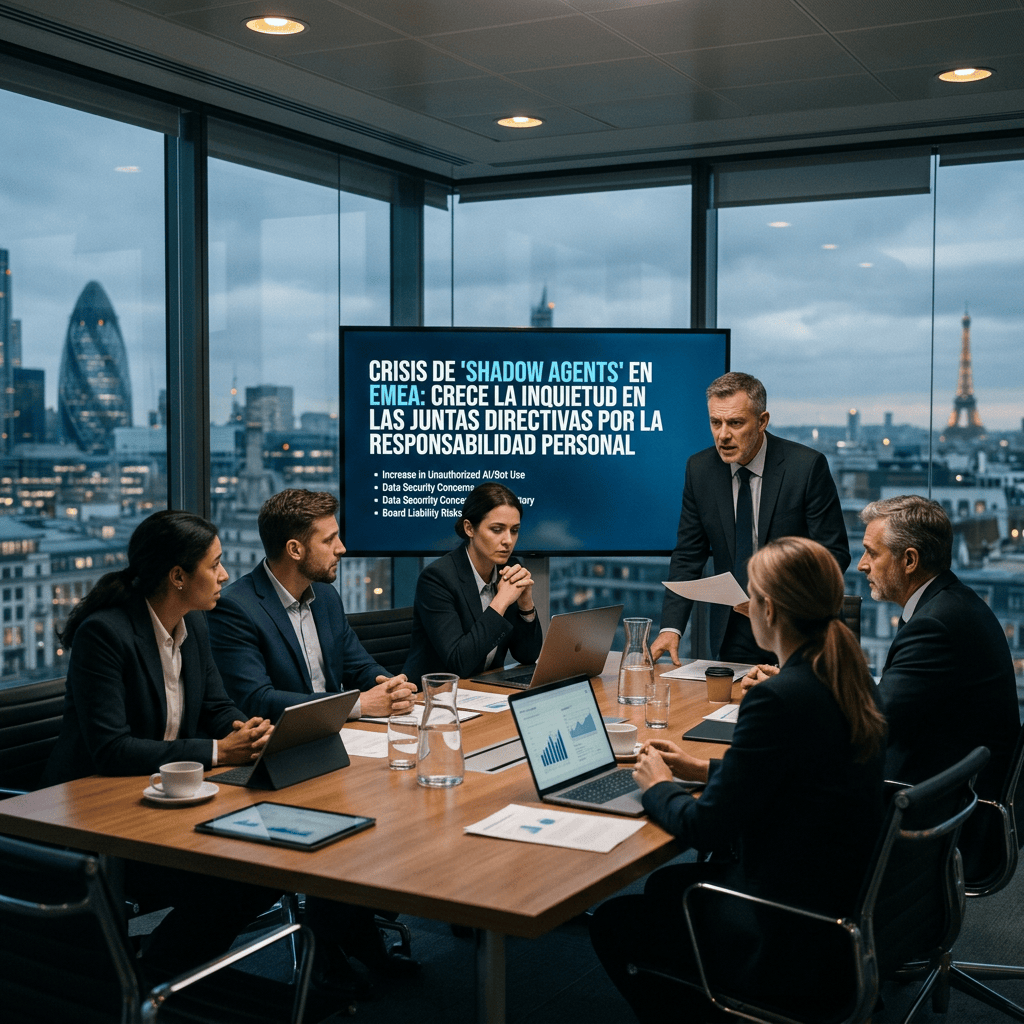 Board meeting screen reads “CRISIS DE ‘SHADOW AGENTS’ EN EMEA: CRECE LA INQUIETUD EN LAS JUNTAS DIRECTIVAS POR LA RESPONSABILIDAD PERSONAL,” with bullets about unauthorized AI use, data security concerns, regulatory issues, and board liability risks.