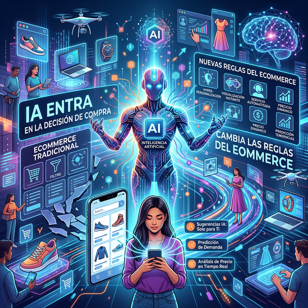 Infografía en español sobre IA y comercio electrónico: “IA entra en la decisión de compra”, “Nuevas reglas del ecommerce”, “Cambia las reglas del ecommerce”, “Ecommerce tradicional”, “Hiper-personalización”, “Visualización instantánea”, “Servicio automatizado”, “Precio dinámico”, “Predicción de tendencias”, “Sugerencias IA: Solo para Ti”, “Predicción de Demanda” y “Análisis de Precio en Tiempo Real”.