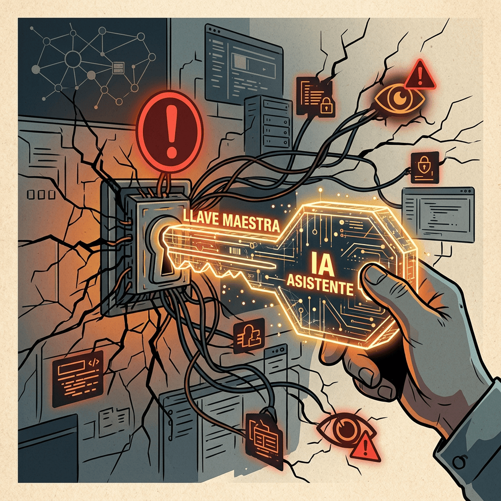 Cybersecurity illustration with glowing key labeled “LLAVE MAESTRA IA ASISTENTE”