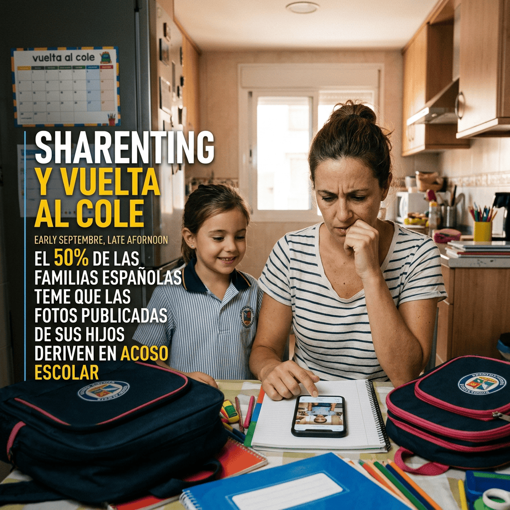Campaign text reads “SHARENTING Y VUELTA AL COLE,” “EARLY SEPTEMBRE, LATE AFTERNOON,” and “EL 50% DE LAS FAMILIAS ESPAÑOLAS TEME QUE LAS FOTOS PUBLICADAS DE SUS HIJOS DERIVEN EN ACOSO ESCOLAR”; mother and daughter sit with school supplies and backpacks.