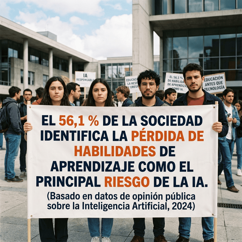 Estudiantes sostienen pancarta: "EL 56,1 % DE LA SOCIEDAD IDENTIFICA LA PÉRDIDA DE HABILIDADES DE APRENDIZAJE COMO EL PRINCIPAL RIESGO DE LA IA. (Basado en datos de opinión pública sobre la Inteligencia Artificial, 2024)".
