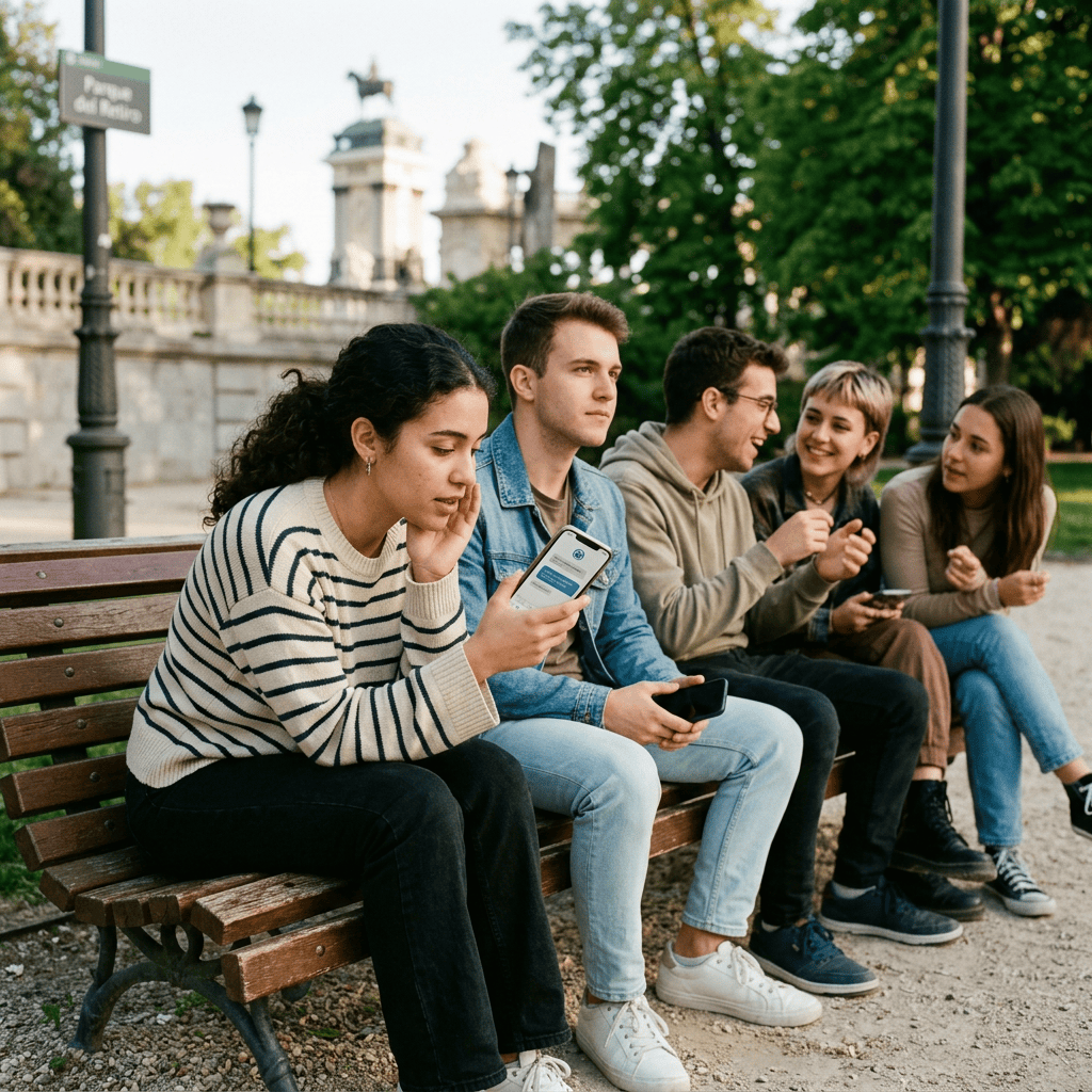 Five friends chatting together on a park bench in a city park